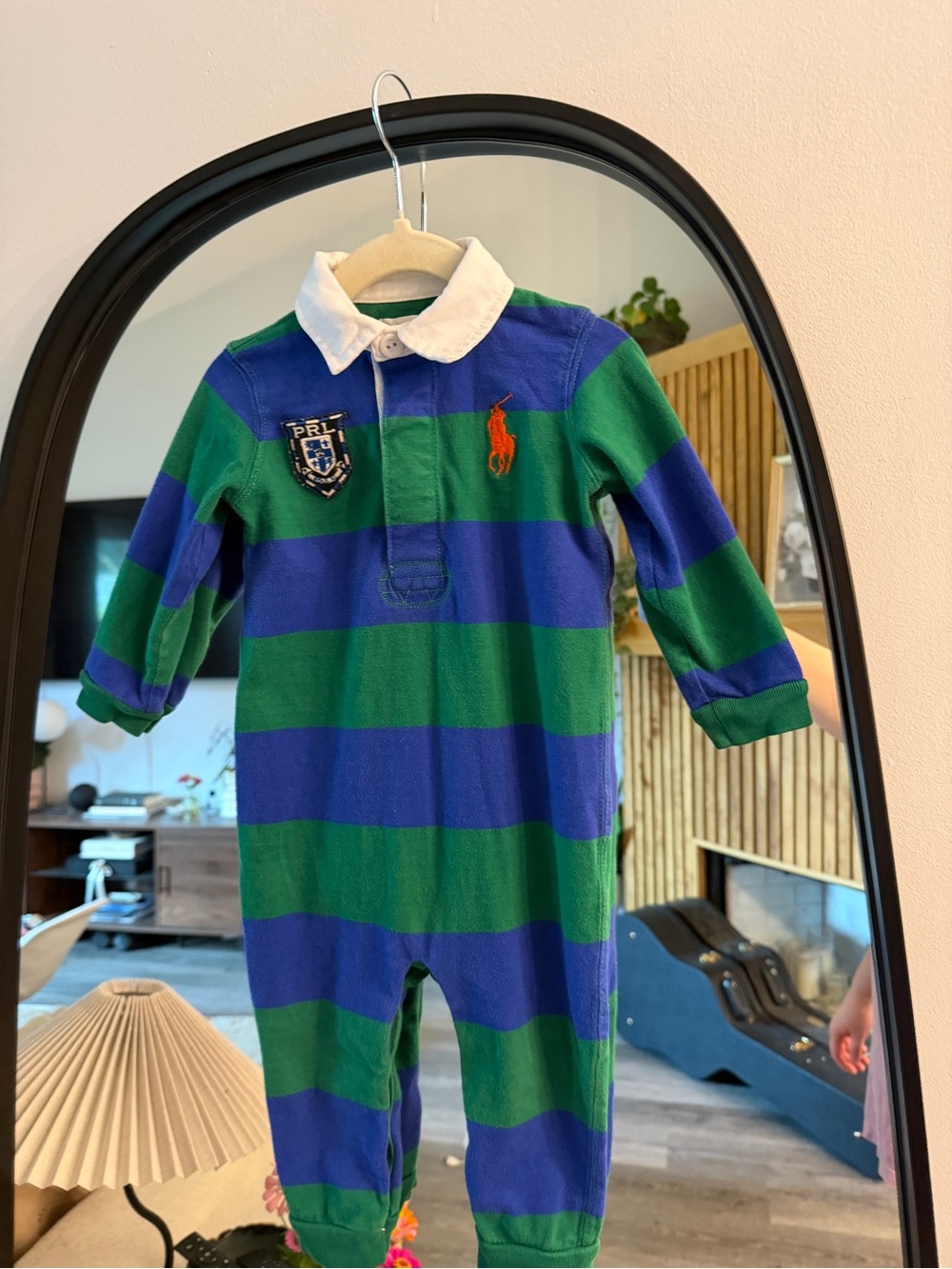 Ralph Lauren Blue and Green Striped Baby Rugby Romper with Polo Crest